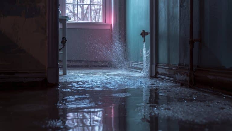 Burst water pipe leaking inside a home, showing a plumbing emergency that requires immediate action