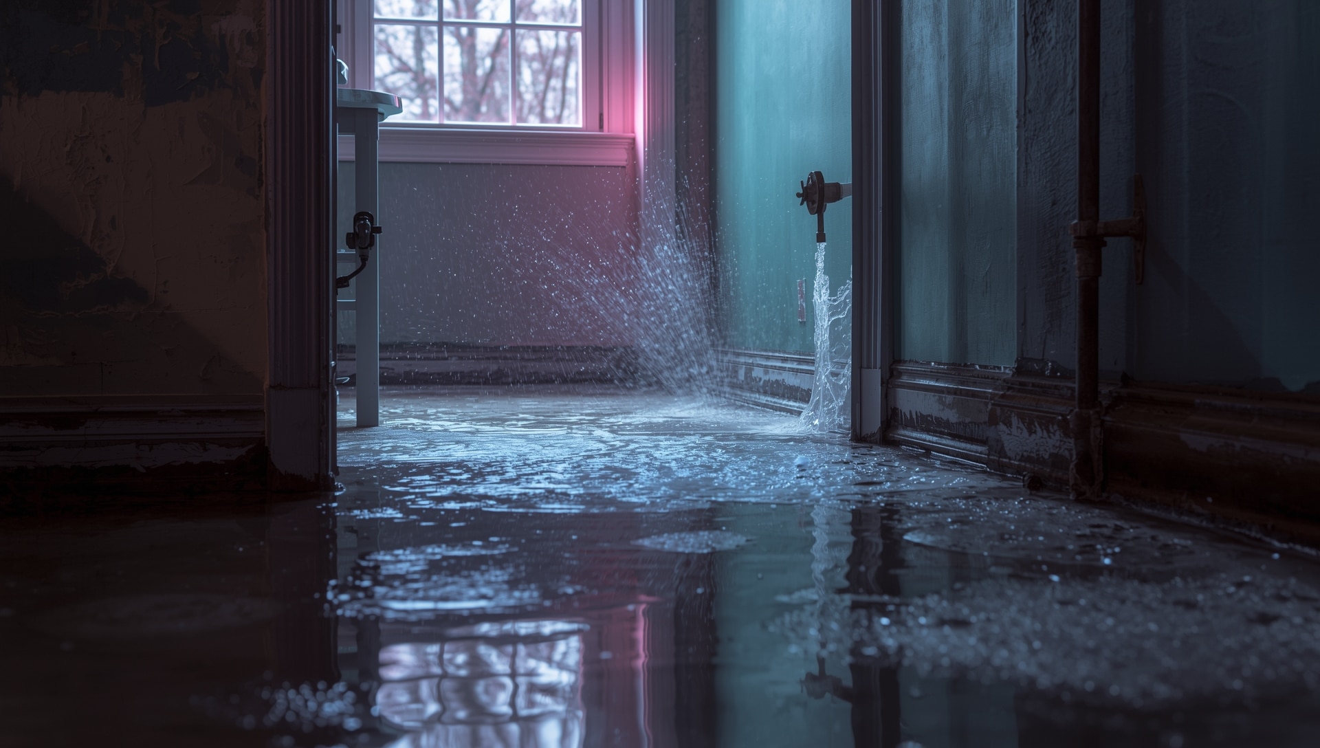 Burst water pipe leaking inside a home, showing a plumbing emergency that requires immediate action