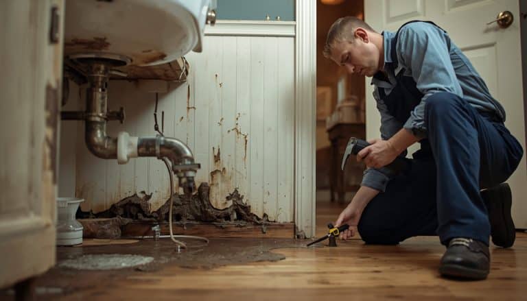 Plumber inspecting old pipes in an older North Georgia home showing common plumbing problems