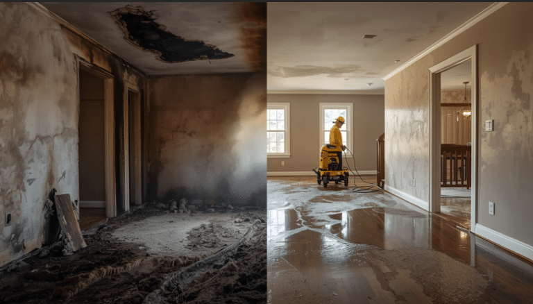 Fire damage restoration technician inspecting soot and structural damage in a North Georgia home.