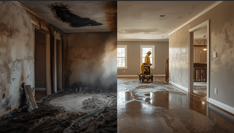 Fire damage restoration technician inspecting soot and structural damage in a North Georgia home.
